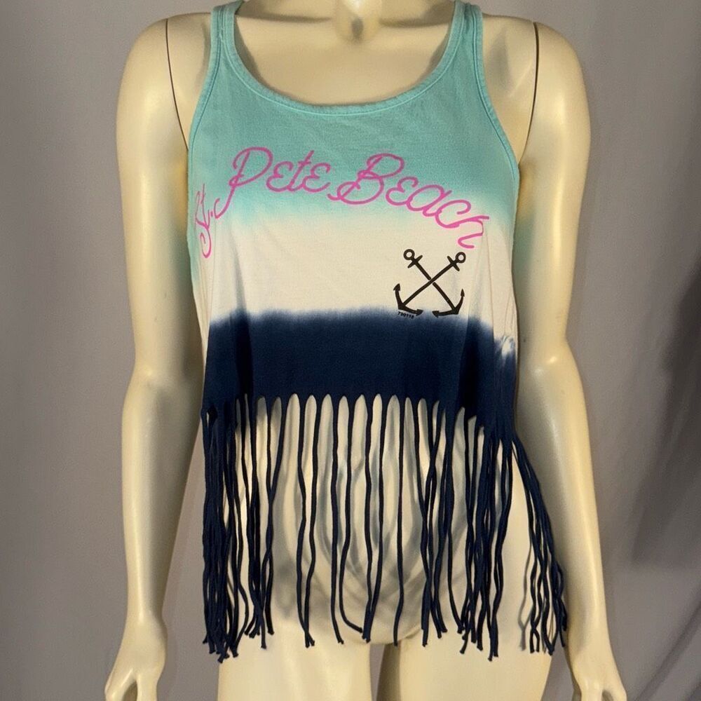 Retro Tie Dye St Pete‎ Beach Fringe Crop Top Tank SIZE Large